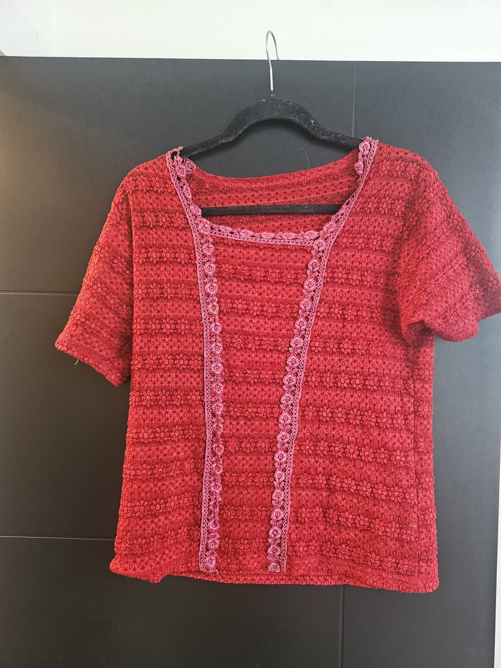Red Crochet Short-Sleeve Top with Pink Lace Trim